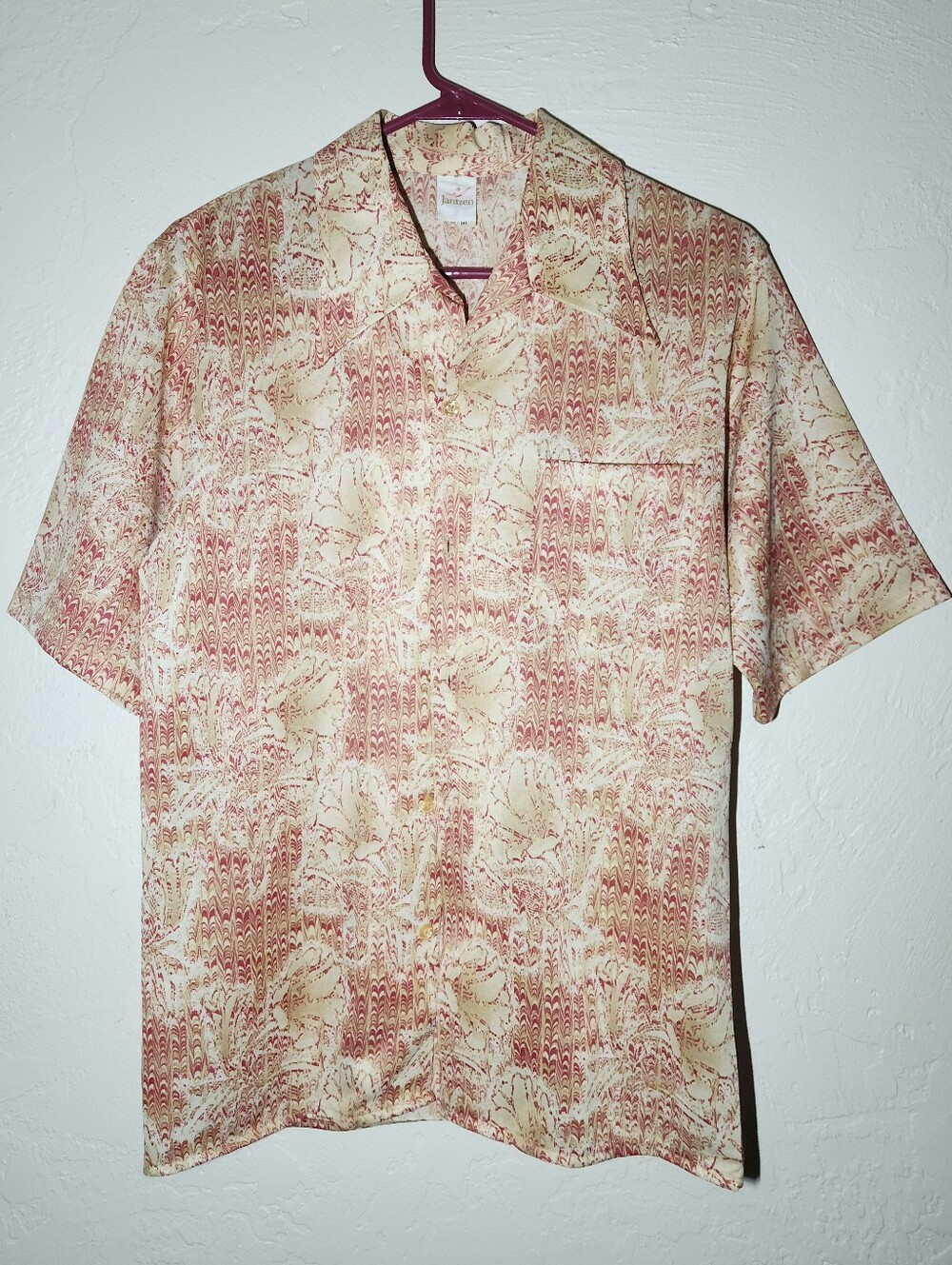 Vintage Jantzen Mens Size Med Short-Sleeve Button-Down Marbled Print Camp Shirt